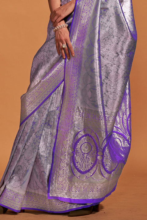 VastraLakshmi Gleaming Purple Kanjivaram Silk Saree With Intricate Blouse Piece