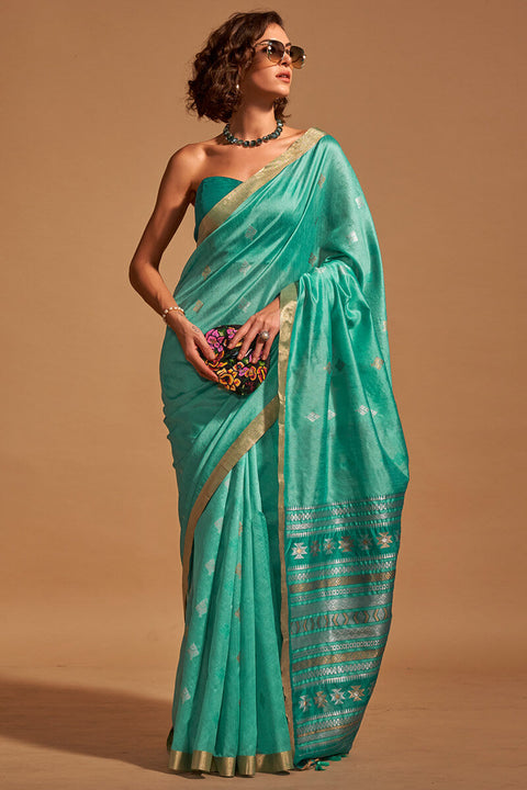 VastraLakshmi Classic Sea Green Soft Banarasi Silk Saree With Bewitching Blouse Piece