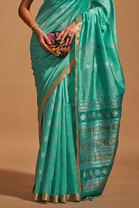 VastraLakshmi Classic Sea Green Soft Banarasi Silk Saree With Bewitching Blouse Piece