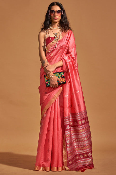 VastraLakshmi Flameboyant Tomato Soft Banarasi Silk Saree With Captivating Blouse Piece