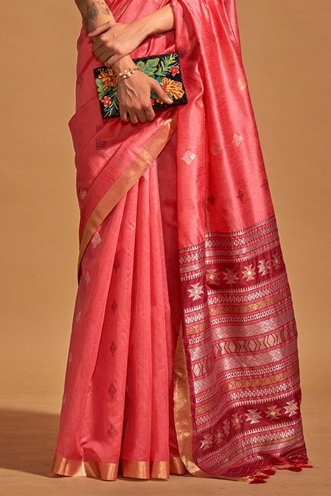 VastraLakshmi Flameboyant Tomato Soft Banarasi Silk Saree With Captivating Blouse Piece