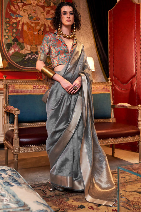 VastraLakshmi Eloquence Grey Soft Banarasi Silk Saree With Mellifluous Blouse Piece