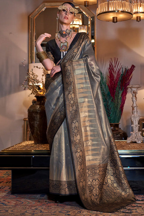 VastraLakshmi Gleaming Grey Soft Banarasi Silk Saree With Gorgeous Blouse Piece