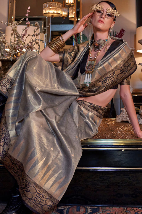 VastraLakshmi Gleaming Grey Soft Banarasi Silk Saree With Gorgeous Blouse Piece