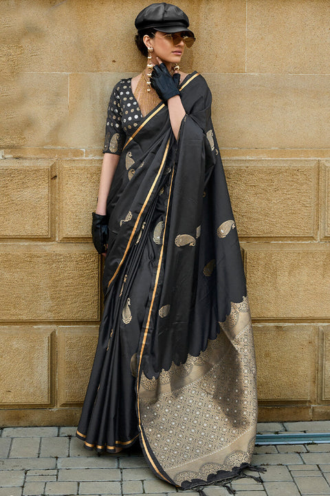 VastraLakshmi Sizzling Black Banarasi Satin Silk Saree With Innovative Blouse