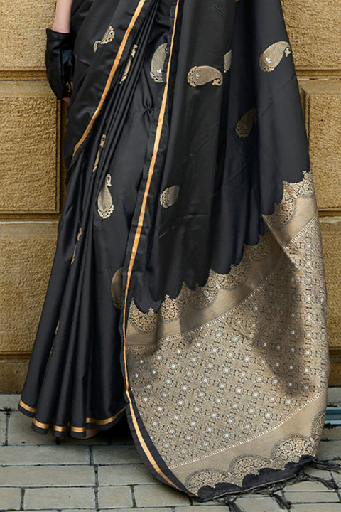 VastraLakshmi Sizzling Black Banarasi Satin Silk Saree With Innovative Blouse