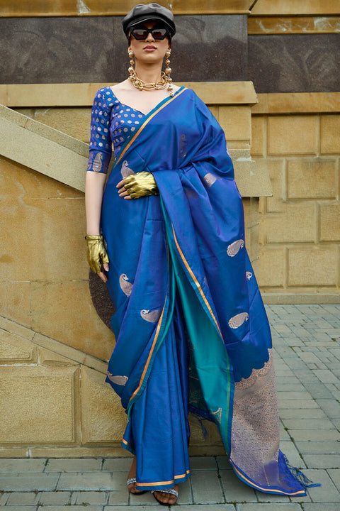 VastraLakshmi Flattering Blue Banarasi Satin Silk Saree With Adorning Blouse