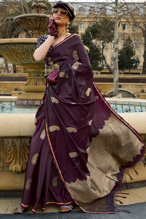 VastraLakshmi Beautiful Wine Banarasi Satin Silk Saree With Desiring Blouse