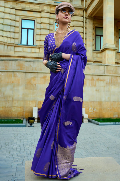 VastraLakshmi Smart Royal Blue Banarasi Satin Silk Saree With Glorious Blouse