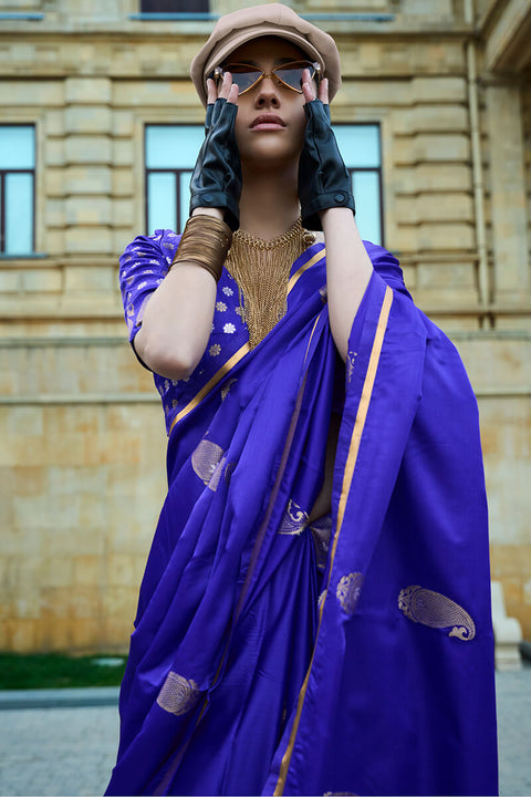 VastraLakshmi Smart Royal Blue Banarasi Satin Silk Saree With Glorious Blouse