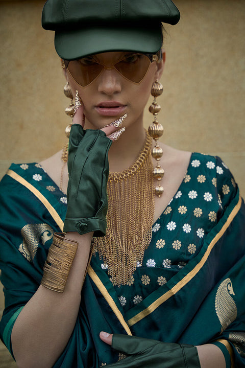 VastraLakshmi Entrancing Dark Green Banarasi Satin Silk Saree With Effervescent Blouse