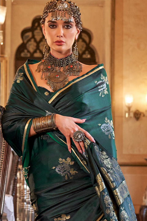 VastraLakshmi Arresting Dark Green Banarasi Satin Silk Saree With Desiring Blouse