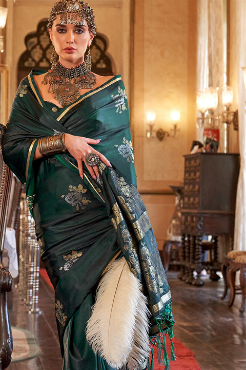 VastraLakshmi Arresting Dark Green Banarasi Satin Silk Saree With Desiring Blouse