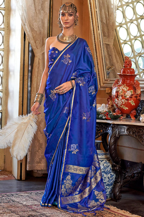 VastraLakshmi Charming Royal Blue Banarasi Satin Silk Saree With Adorning Blouse