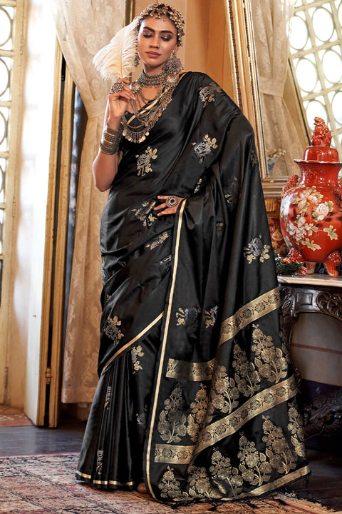 VastraLakshmi Impressive Black Banarasi Satin Silk Saree With Hypnotic Blouse