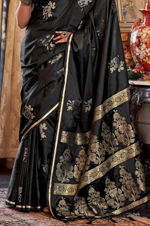 VastraLakshmi Impressive Black Banarasi Satin Silk Saree With Hypnotic Blouse