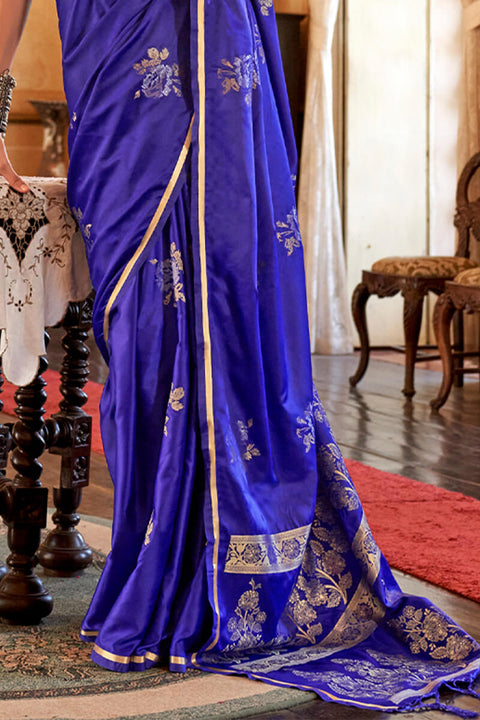 VastraLakshmi Appealing Blue Banarasi Satin Silk Saree With Blissful Blouse