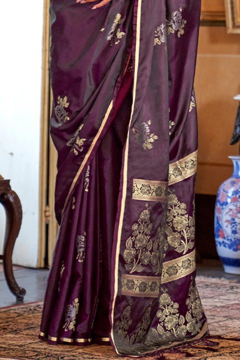 VastraLakshmi Glorious Wine Banarasi Satin Silk Saree With Pleasant Blouse