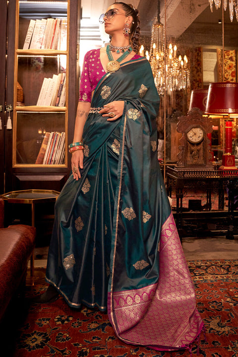 VastraLakshmi Bucolic Dark Green Banarasi Satin Silk Saree With Entrancing Blouse