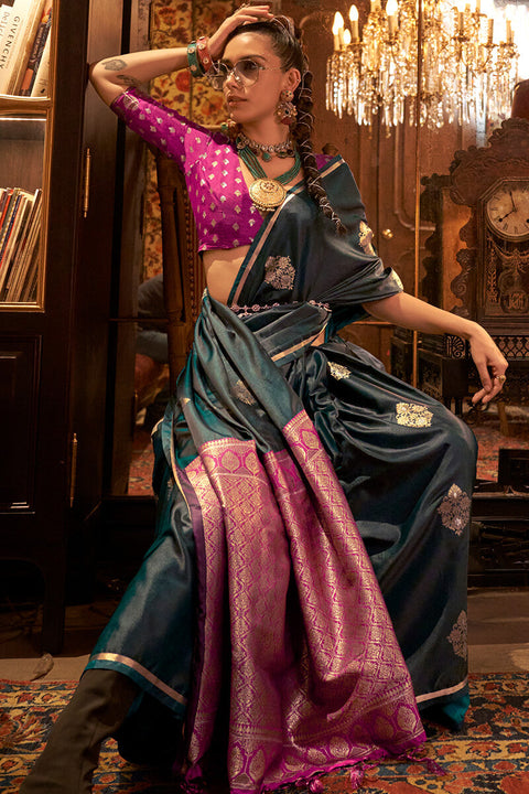 VastraLakshmi Bucolic Dark Green Banarasi Satin Silk Saree With Entrancing Blouse