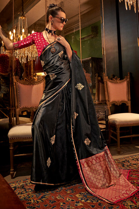 VastraLakshmi Beleaguer Black Banarasi Satin Silk Saree With Fugacious Blouse