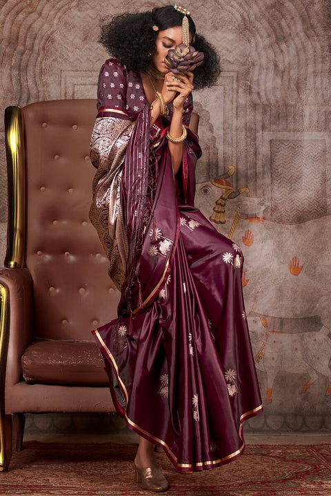 VastraLakshmi Alluring Wine Banarasi Satin Silk Saree With Skinny Blouse