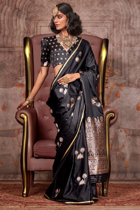 VastraLakshmi Phenomenal Black Banarasi Satin Silk Saree With Girlish Blouse