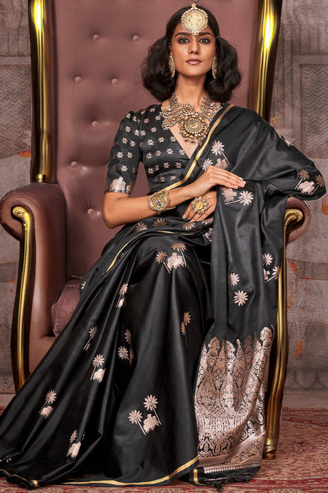 VastraLakshmi Phenomenal Black Banarasi Satin Silk Saree With Girlish Blouse