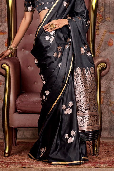 VastraLakshmi Phenomenal Black Banarasi Satin Silk Saree With Girlish Blouse