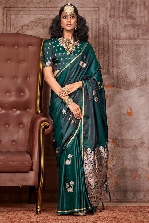 VastraLakshmi Fairytale Dark Green Banarasi Satin Silk Saree With Angelic Blouse