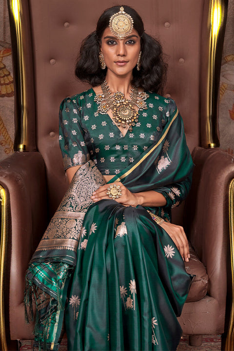 VastraLakshmi Fairytale Dark Green Banarasi Satin Silk Saree With Angelic Blouse