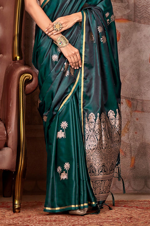 VastraLakshmi Fairytale Dark Green Banarasi Satin Silk Saree With Angelic Blouse