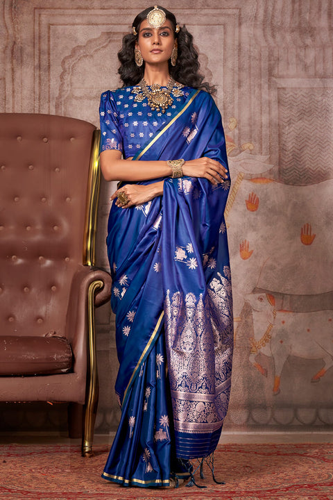 VastraLakshmi Desuetude Navy Blue Banarasi Satin Silk Saree With Fugacious Blouse