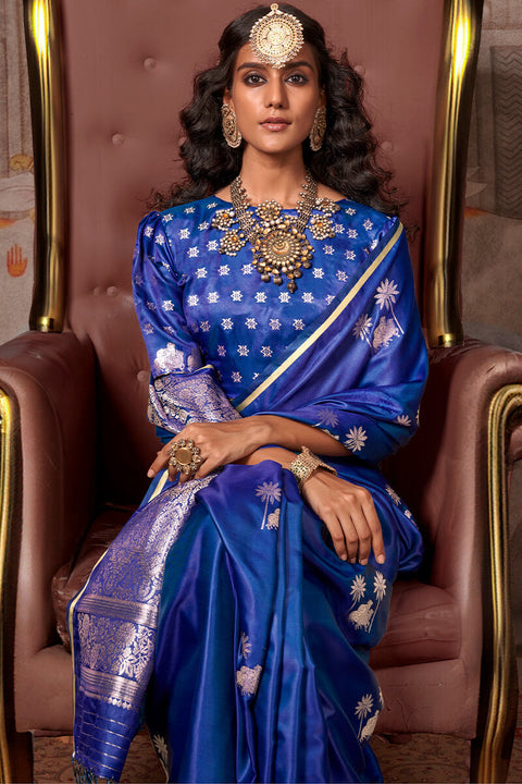 VastraLakshmi Desuetude Navy Blue Banarasi Satin Silk Saree With Fugacious Blouse