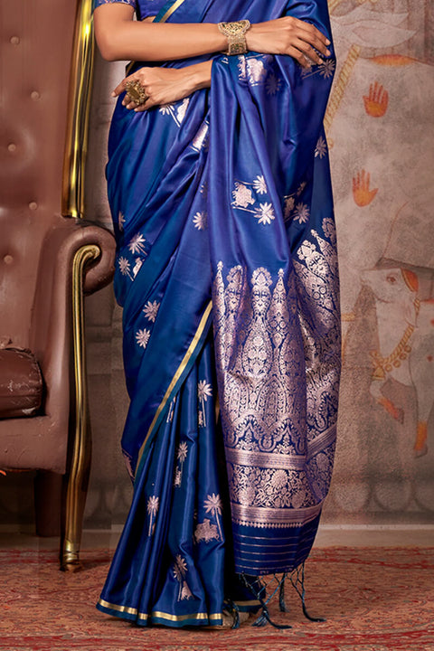 VastraLakshmi Desuetude Navy Blue Banarasi Satin Silk Saree With Fugacious Blouse