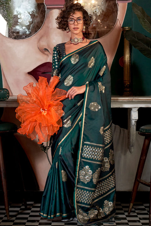 VastraLakshmi Stunning Dark Green Banarasi Satin Silk Saree With Precious Blouse