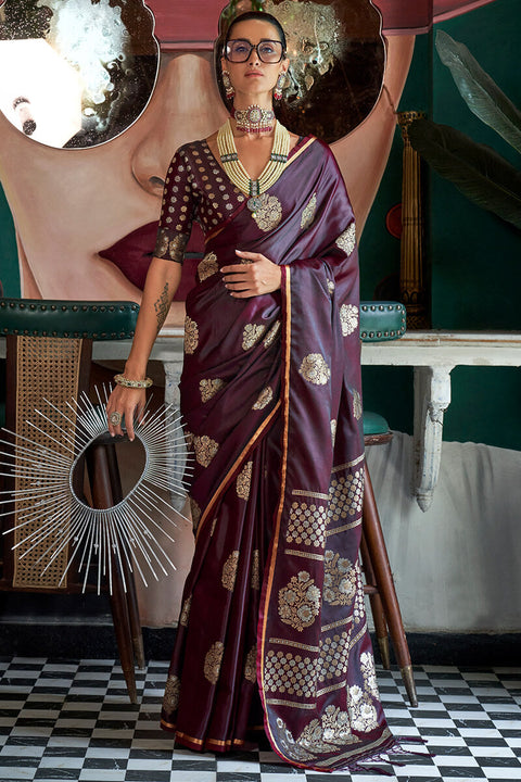 VastraLakshmi Gleaming Wine Banarasi Satin Silk Saree With Gorgeous Blouse