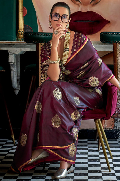 VastraLakshmi Gleaming Wine Banarasi Satin Silk Saree With Gorgeous Blouse