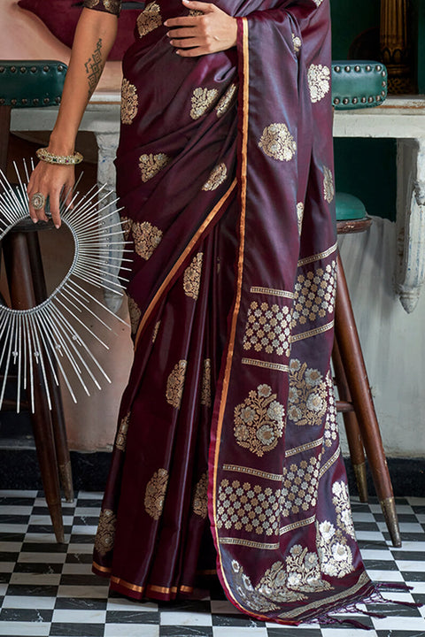 VastraLakshmi Gleaming Wine Banarasi Satin Silk Saree With Gorgeous Blouse