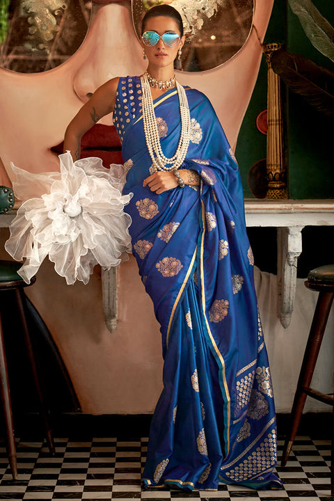 VastraLakshmi Adorable Blue Banarasi Satin Silk Saree With Exceptional Blouse