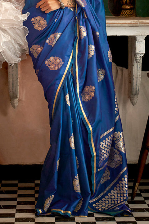 VastraLakshmi Adorable Blue Banarasi Satin Silk Saree With Exceptional Blouse