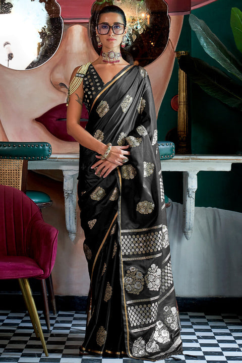 VastraLakshmi Twirling Black Banarasi Satin Silk Saree With Ideal Blouse