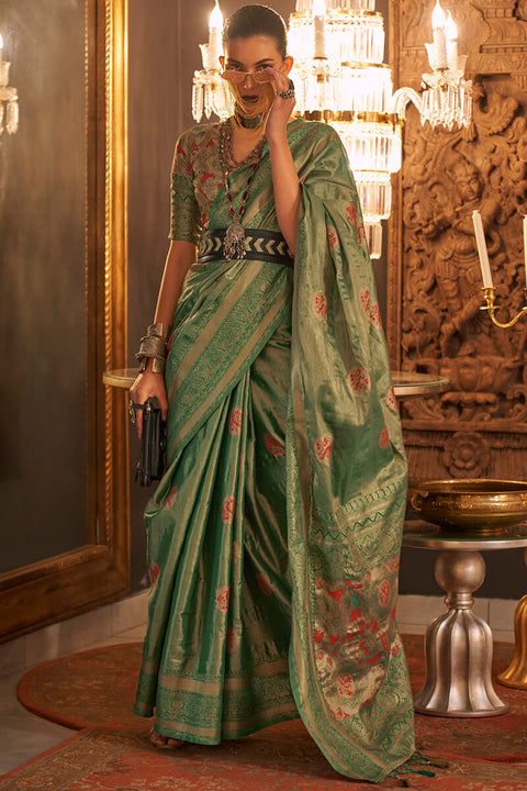 VastraLakshmi Gleaming Green Soft Banarasi Silk Saree With Sensational Blouse Piece