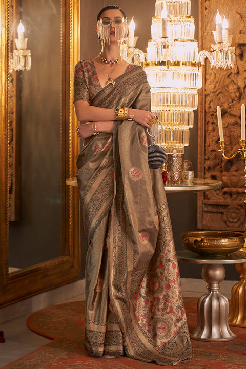 VastraLakshmi Designer Grey Soft Banarasi Silk Saree With Desiring Blouse Piece