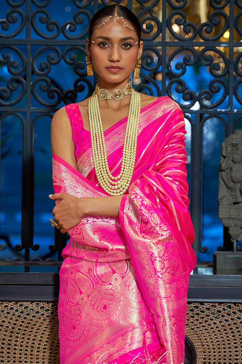 VastraLakshmi Diaphanous Dark Pink Soft Banarasi Silk Saree With Palimpsest Blouse Piece