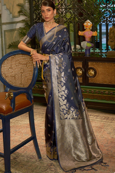 VastraLakshmi Fugacious Navy Blue Soft Banarasi Silk Saree With Desuetude Blouse Piece