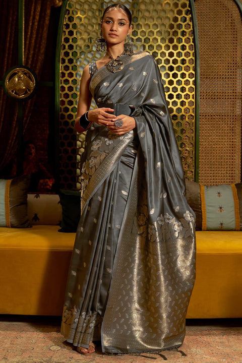 VastraLakshmi Twirling Grey Soft Banarasi Silk Saree With Delightful Blouse Piece