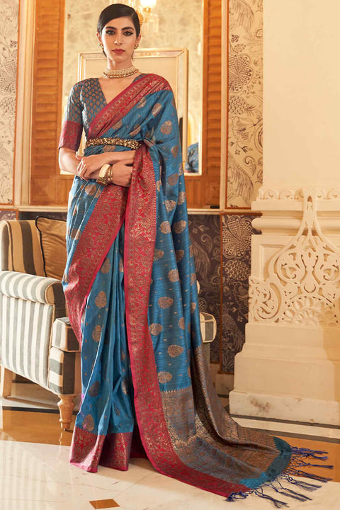 VastraLakshmi Mellifluous Blue Soft Banarasi Silk Saree With Scintilla Blouse Piece