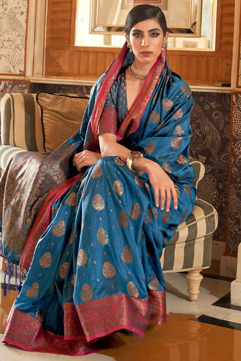 VastraLakshmi Mellifluous Blue Soft Banarasi Silk Saree With Scintilla Blouse Piece