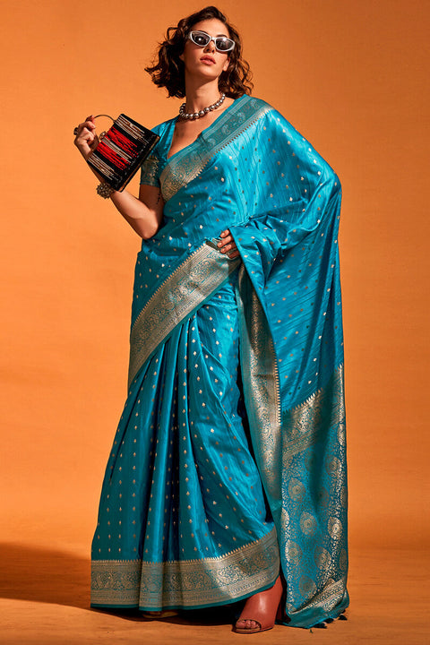 VastraLakshmi Susurrous Teal Blue Soft Banarasi Silk Saree With Embellished Blouse Piece